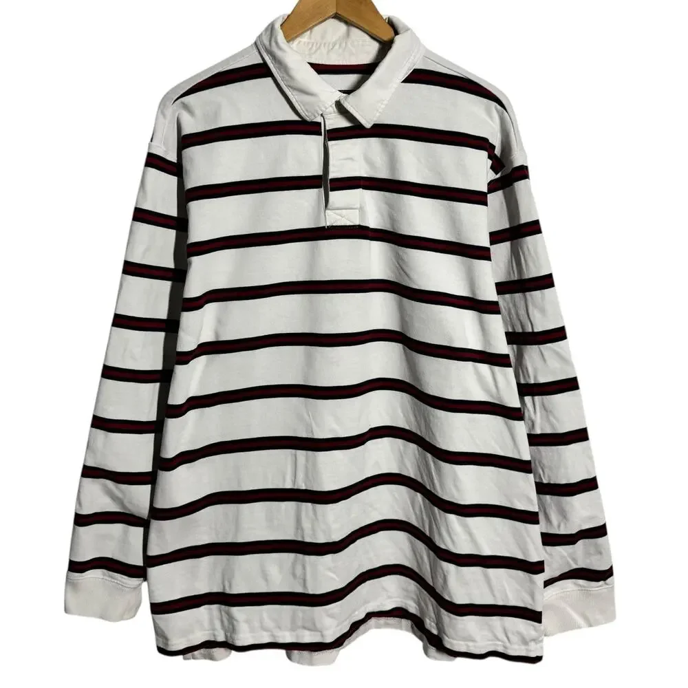 L.L.Bean Rugby 90s Long Sleeve Shirt Men XL White Blue Red Stripe Preppy Y2K